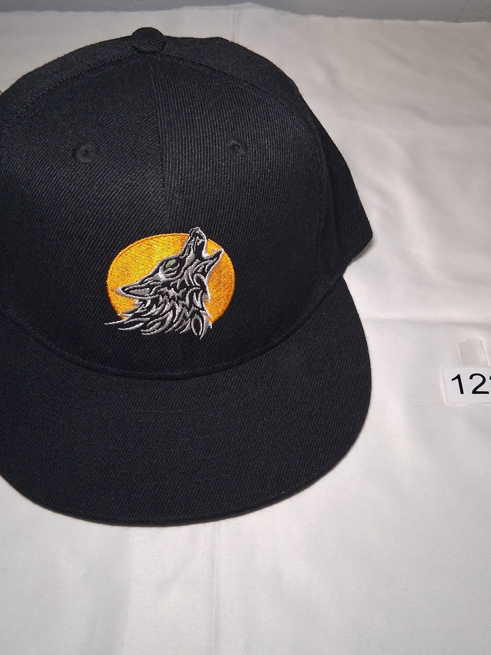 Black Snapback Hat with Embroidered Wolf and Gold Moon